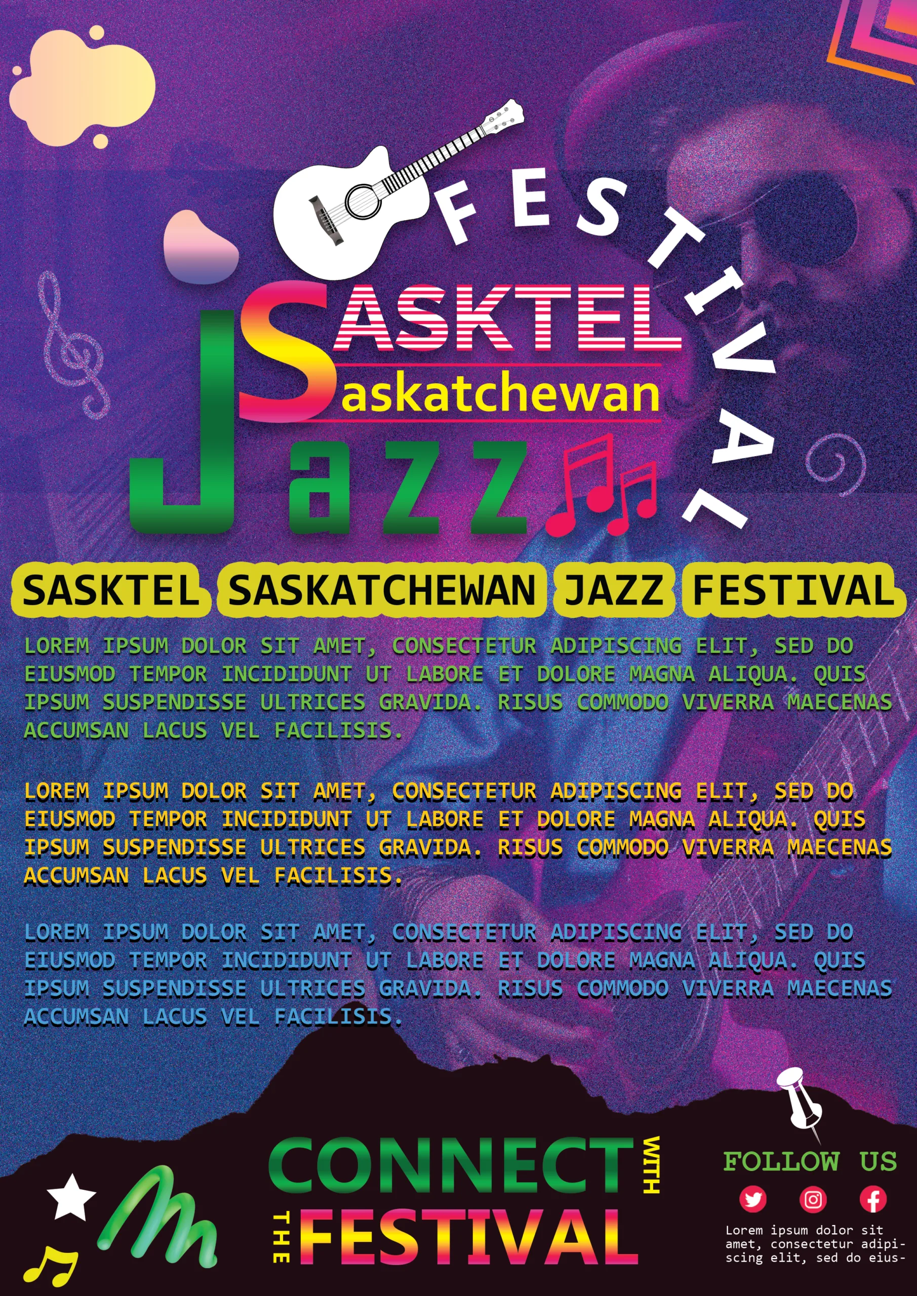 Purple, blue editable saskatoon jazz festival poster design