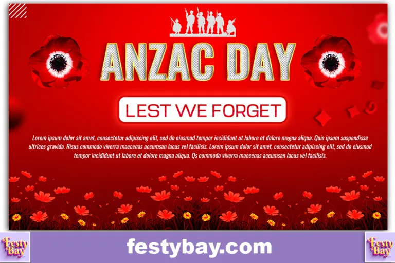 red color background with red poppy flower in top of both sides in the top heading written Anzac Day