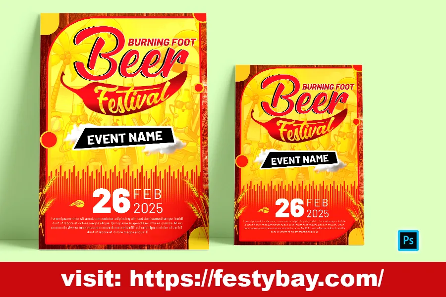 Burning Foot Beer Festival a yellow red poster template free to download