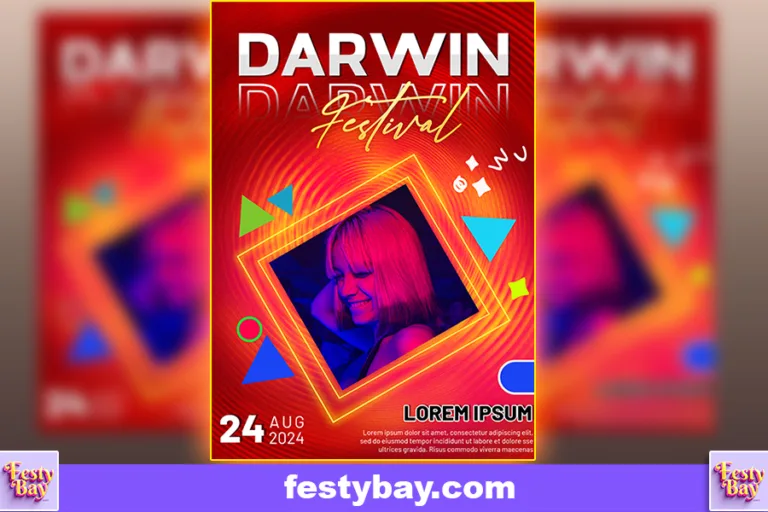 Red and dark red background with smiling face lady in the middle Darwin Festival written on the top. Seems like a poster template