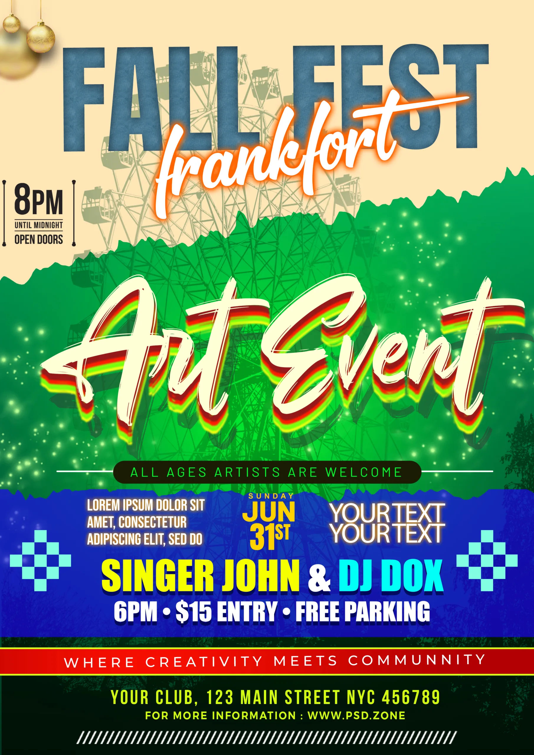 with a blue and green color background Art Event written as heading and the main event name Frankfort fall fest