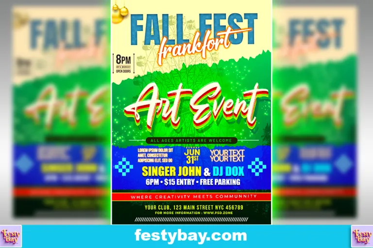 green and blue background, in middle section Art Event written in a very fancy way. top also indicating Frankfort fall fest