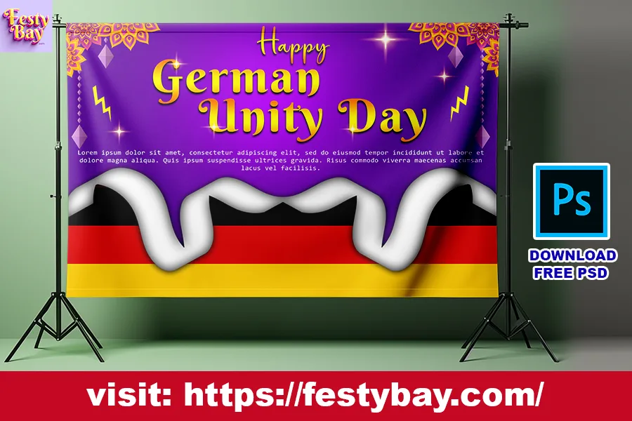 a purple banner with yellow and red text German Unity Day