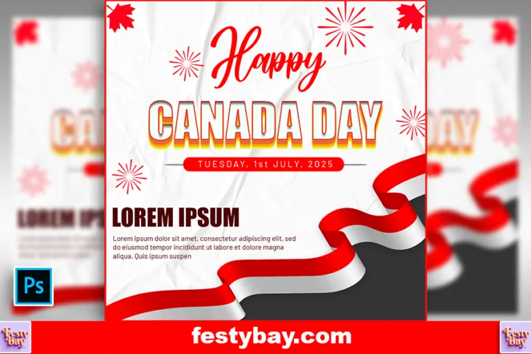 White and Black background with a white and red ribbon design. Happy Canada Day written As the heading