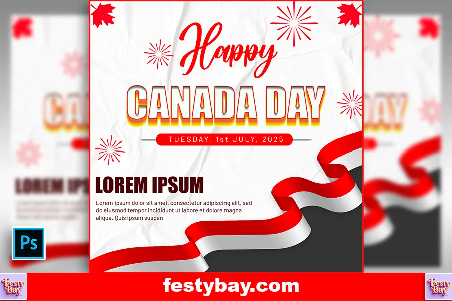 White and Black background with a white and red ribbon design. Happy Canada Day written As the heading