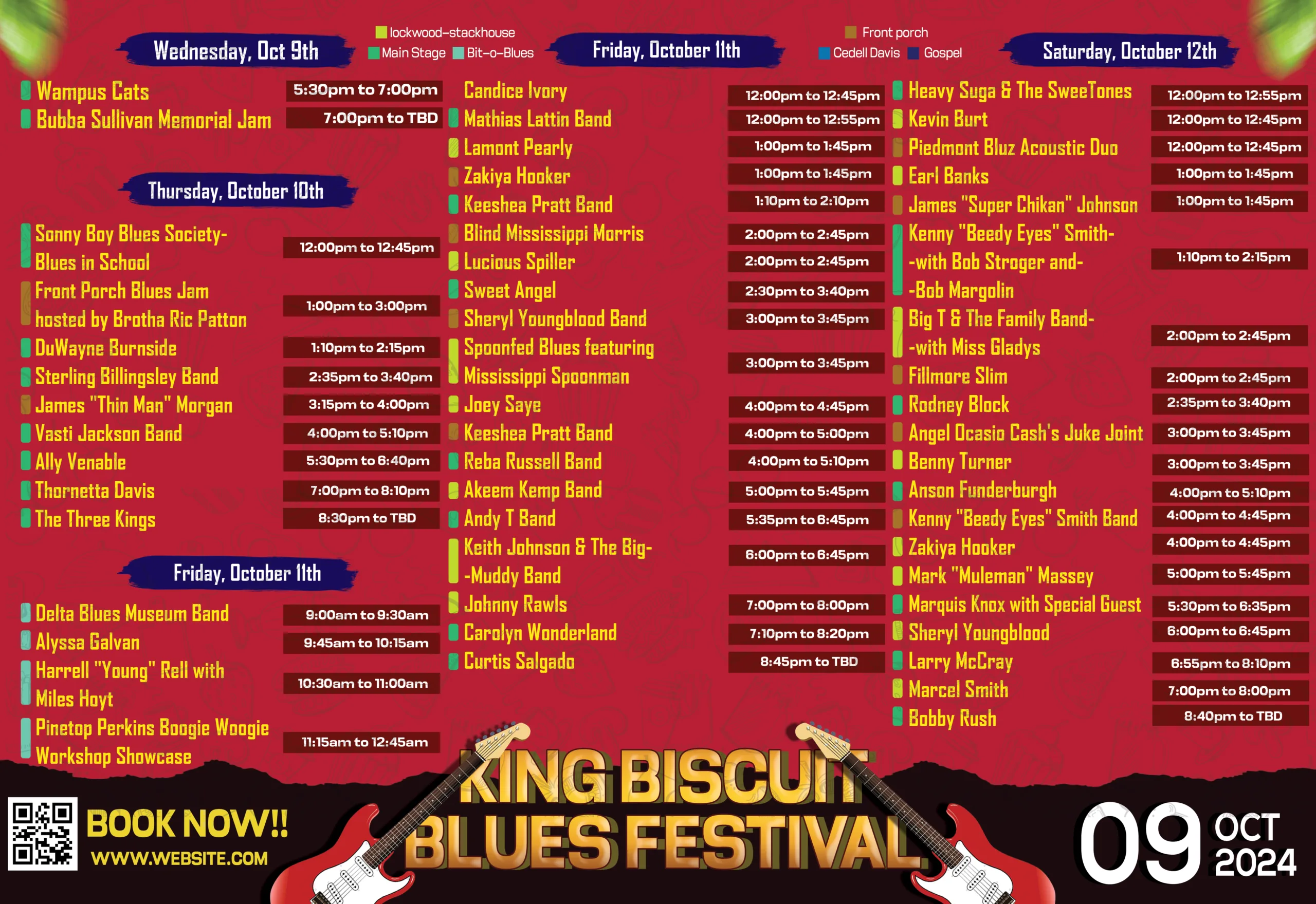 with a red background and and big headline written King Biscuit Blues Festival lineup seems to be a banner design