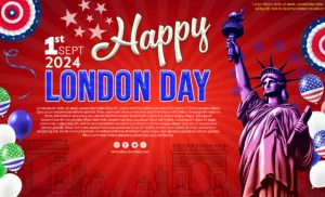 New London Day banner a red and white poster with a statue of liberty and text