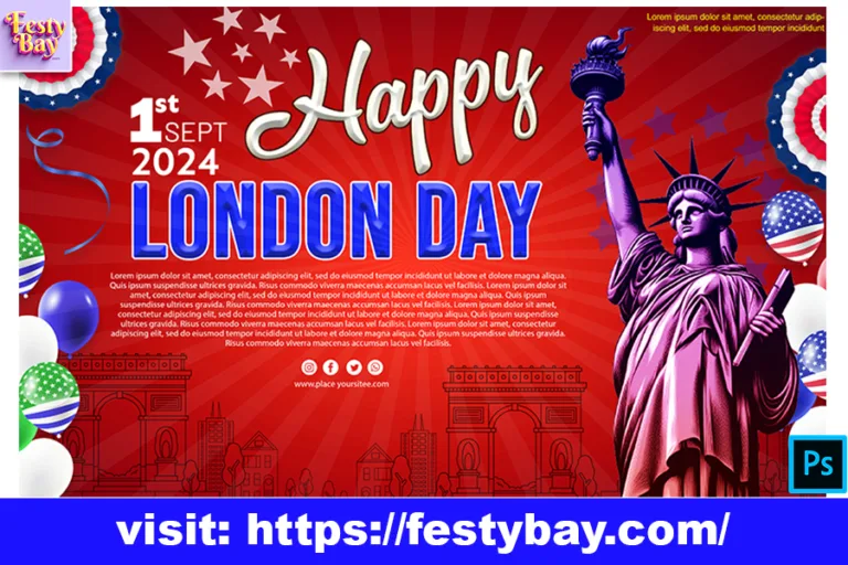 New London Day banner a red and blue poster with a statue of liberty