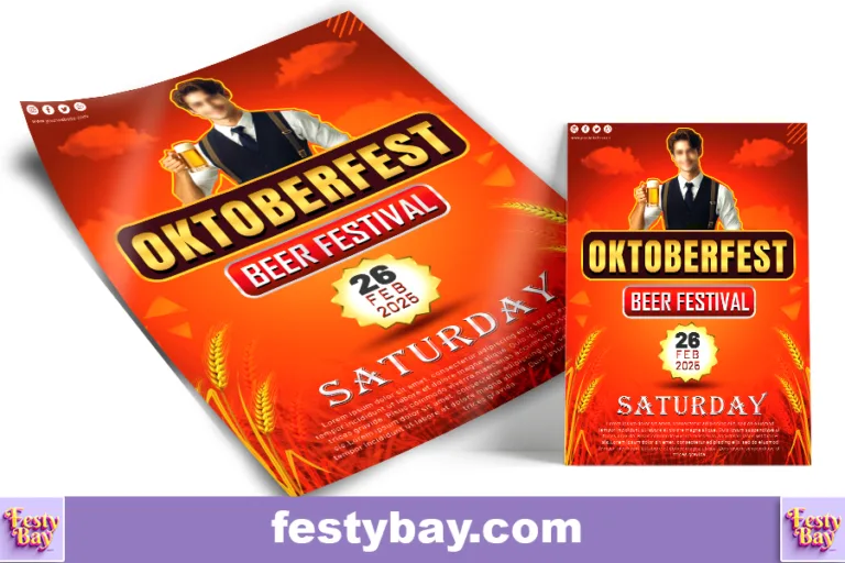 Orange and red color combine a flyer design a man standing with beer mug in hand, Oktoberfest_beer_festival_Poster