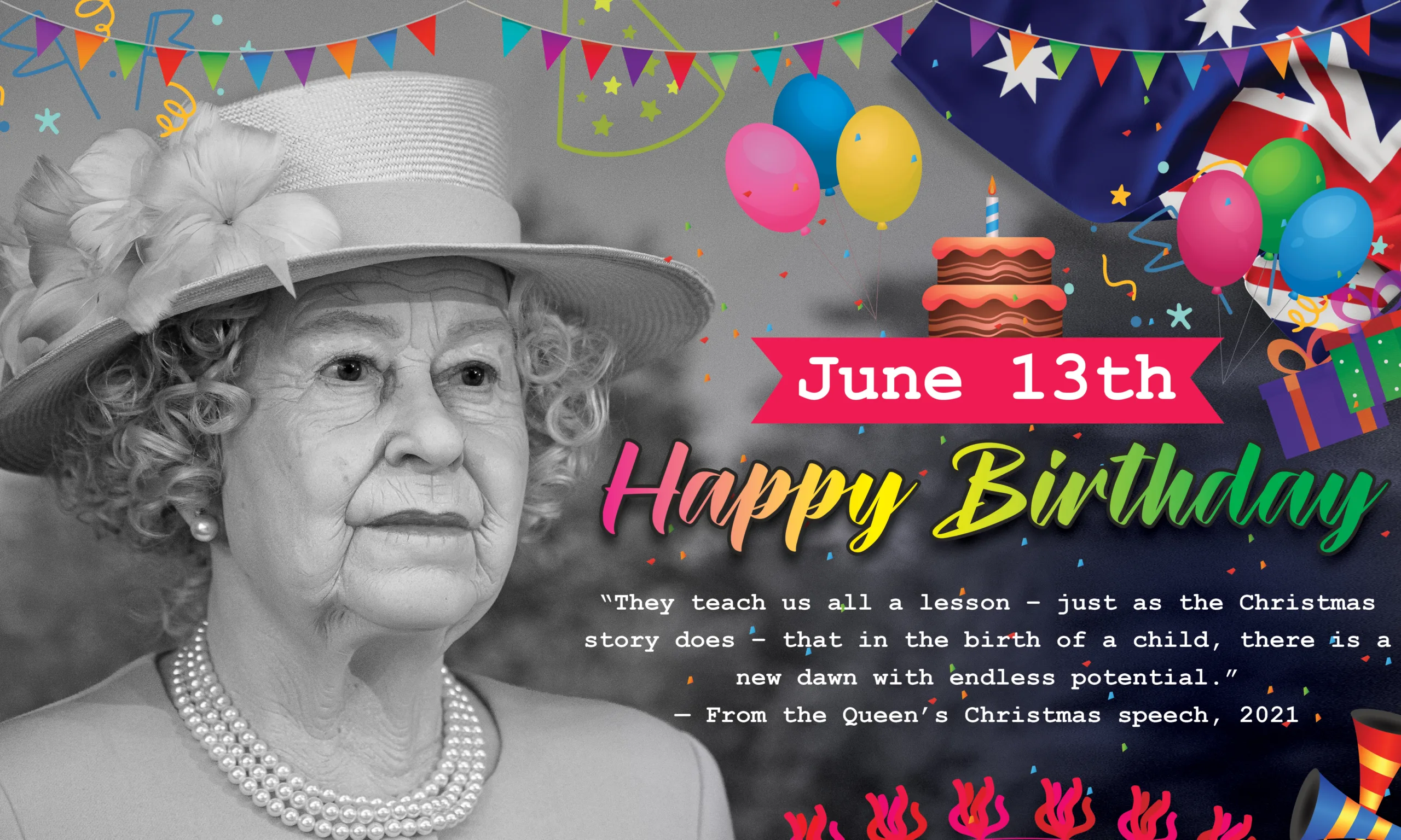 download free Queen's happy birthday template editable