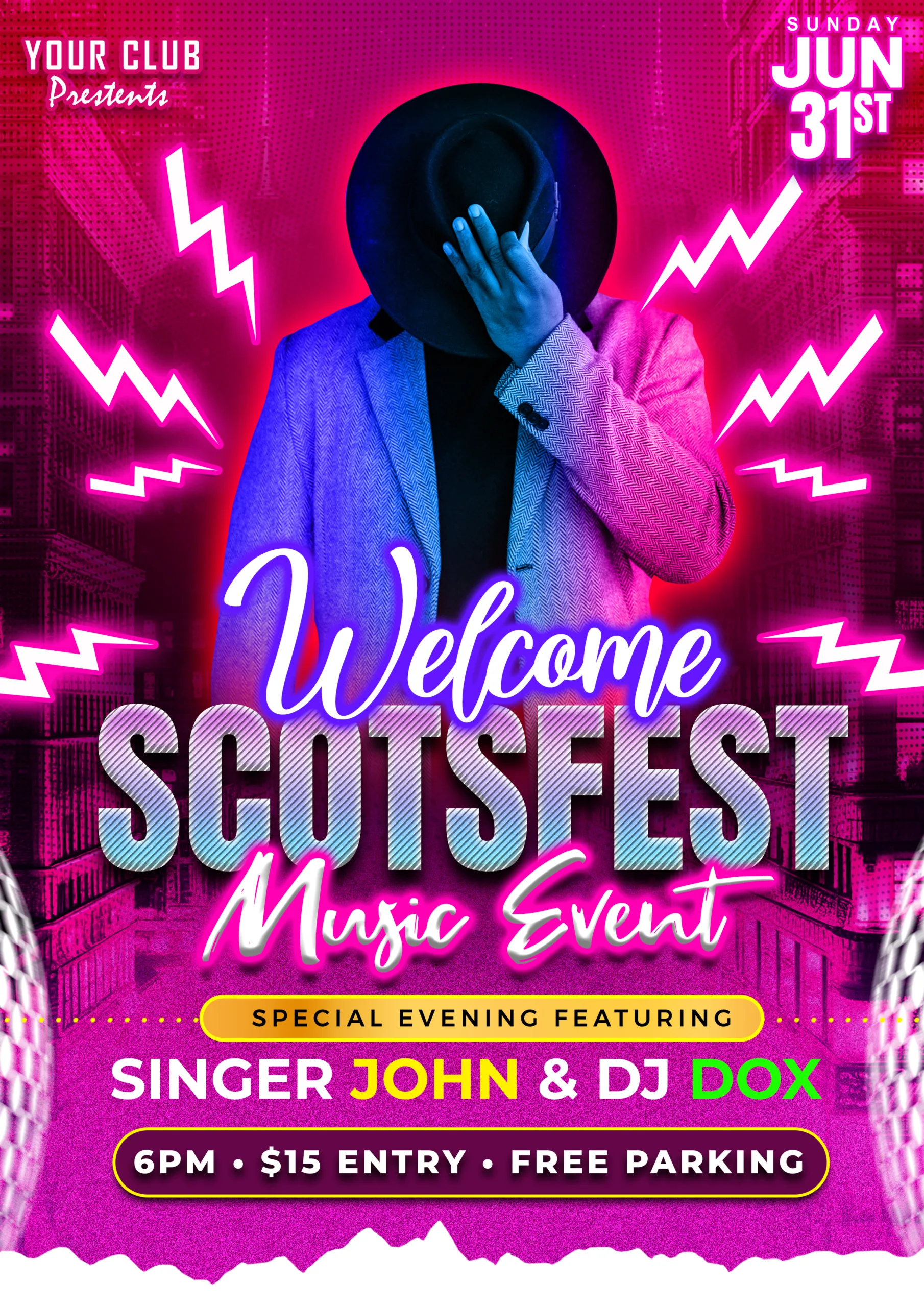 Music Festival Poster Design in a pink and red background for ScotsFest 2025