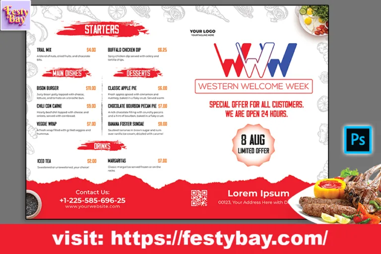 Menu card design | Western Welcome Week | Free PSD 2024