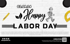 happy labor day ,a white brick wall with a cartoon character running free PSD banner