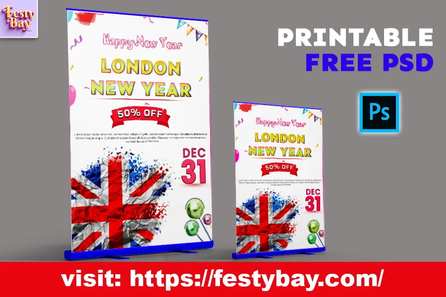 Download free PSD template London new year 2024