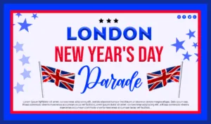 a banner with flags and text, London new year's day parade 2024 Photoshop banner design