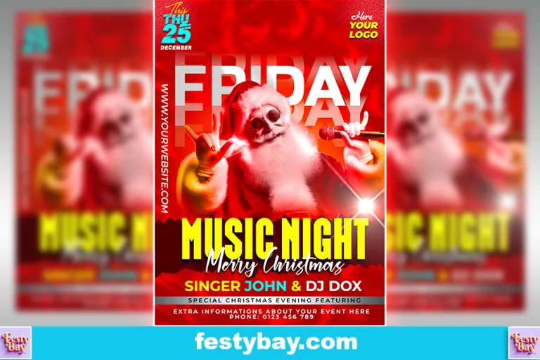 Santa singing a song with a mic in hand red background Friday night music event written as heading. Seems to be a Music festival Poster design