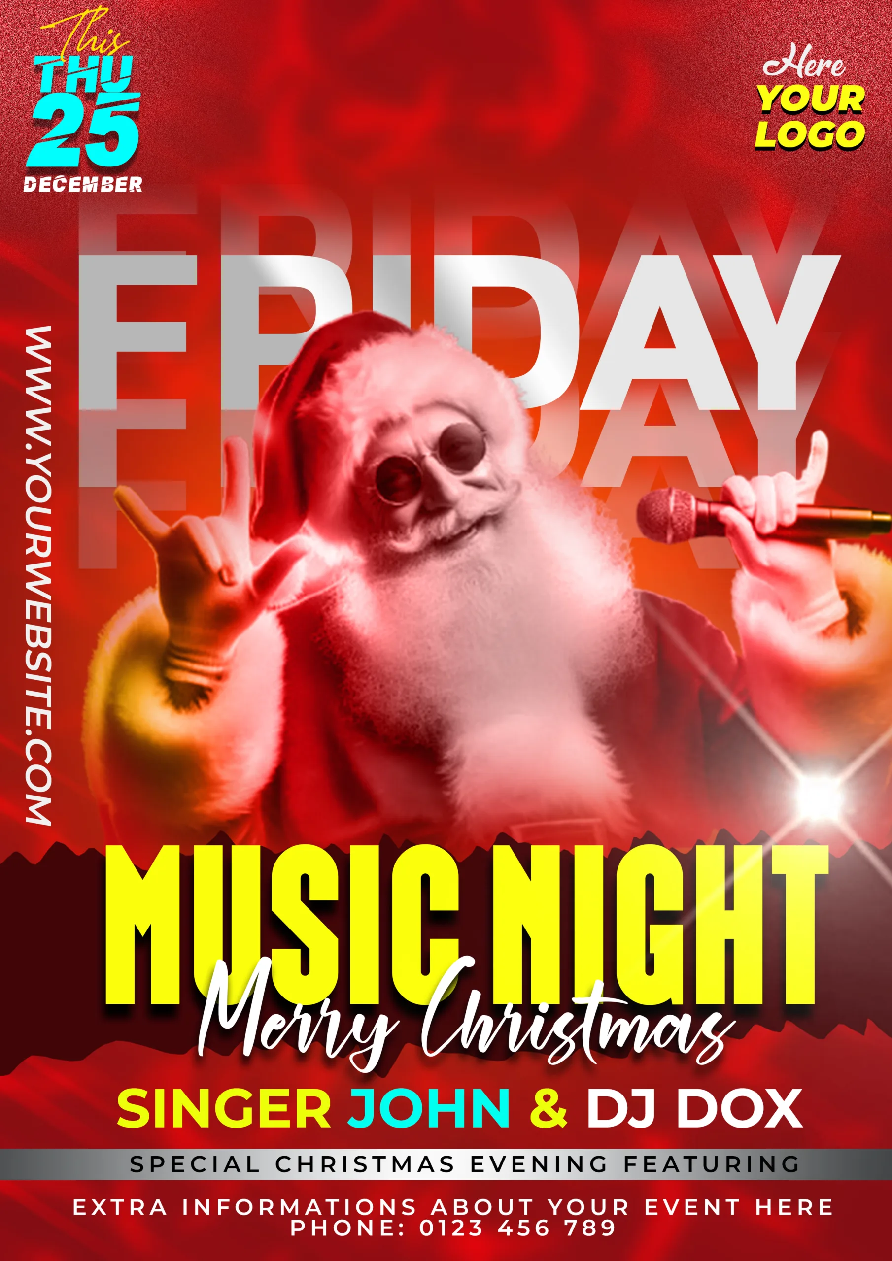 Read and orange background template a Old Santa singing a song, Friday nigh music event written seems to be merry Christmas eve poster