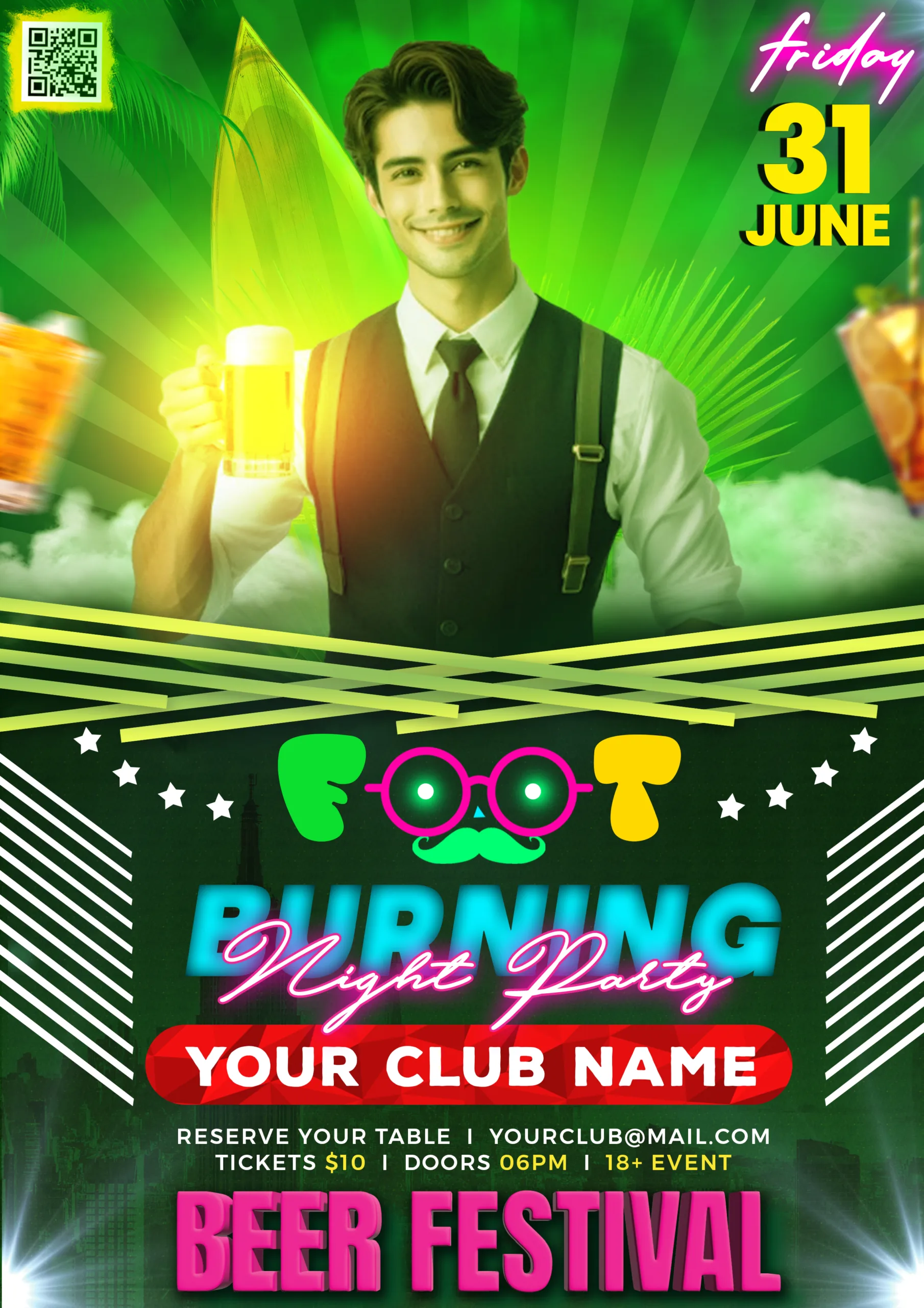 in a bright yellow and green background a handsome man is standing with a beer mug in his hand. Burning Foot Beer Festival Poster design