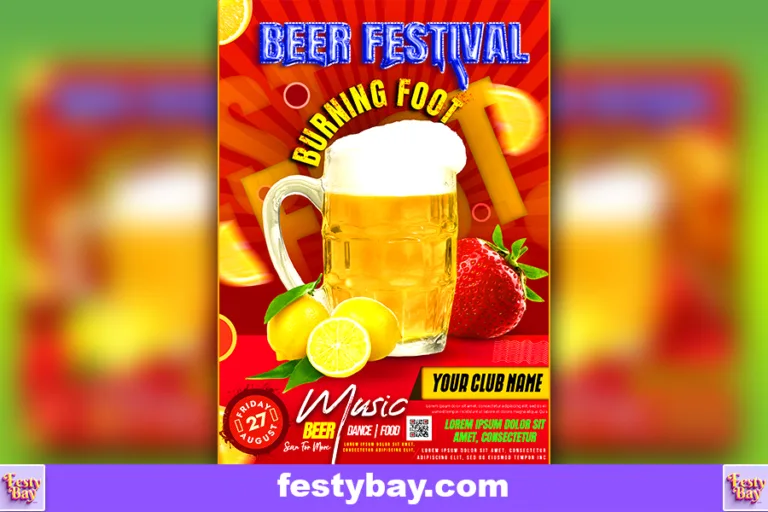 In red vibrant background a big beer mug in middlewith creative text wrap written Burning Foot Beer Festival