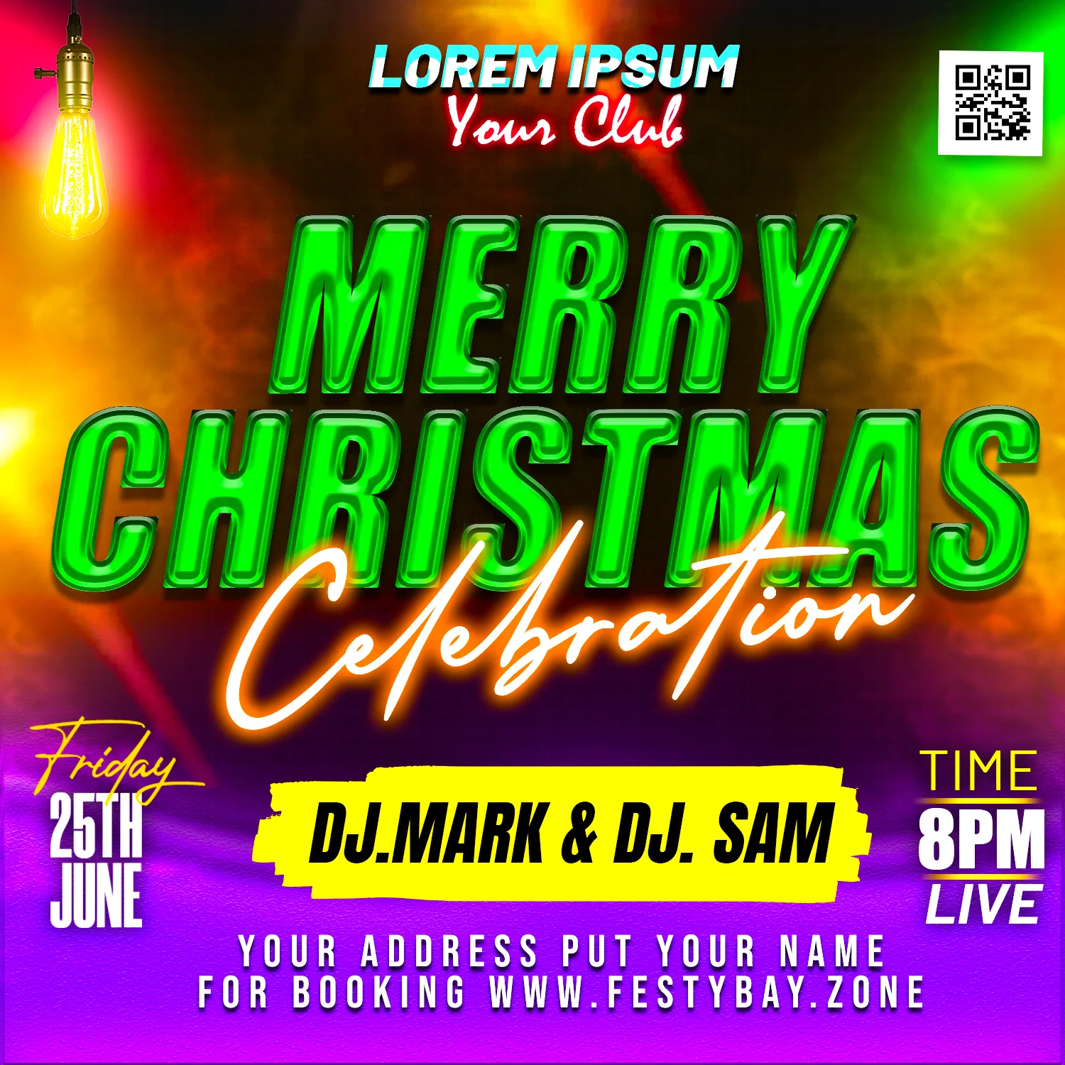 Smokey background with Light effect Merry Christmas 2024 in green color in the middle Dj name date also given a square template design