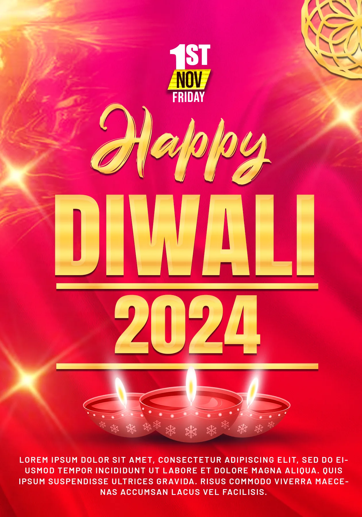 A stylish radish and pink A4 PSD poster design Happy Diwali 2024written in the middle section some other demo text also given