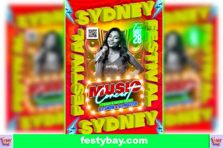 Red and Yellow background Sydney Festival written in 3D style. Music Festival and a lady mic in hand seems to be PSD poster design