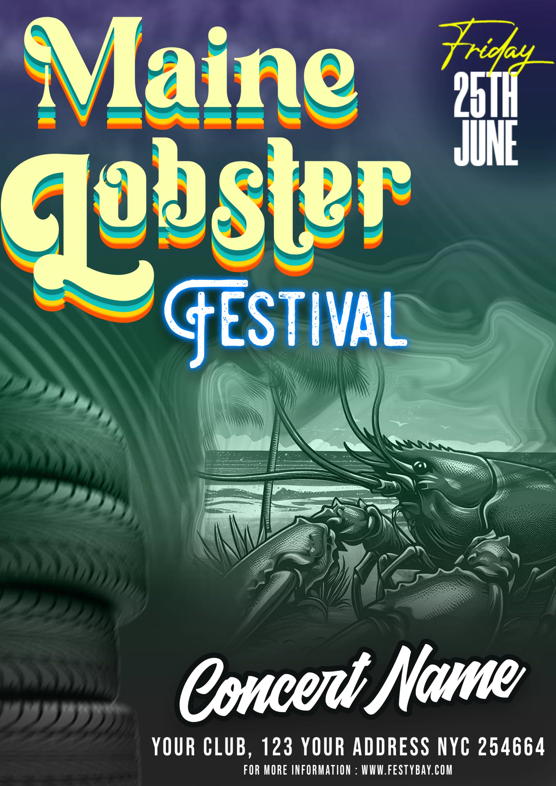 Tires in left and a big lobster in right side. Maine Lobster Festival poster design