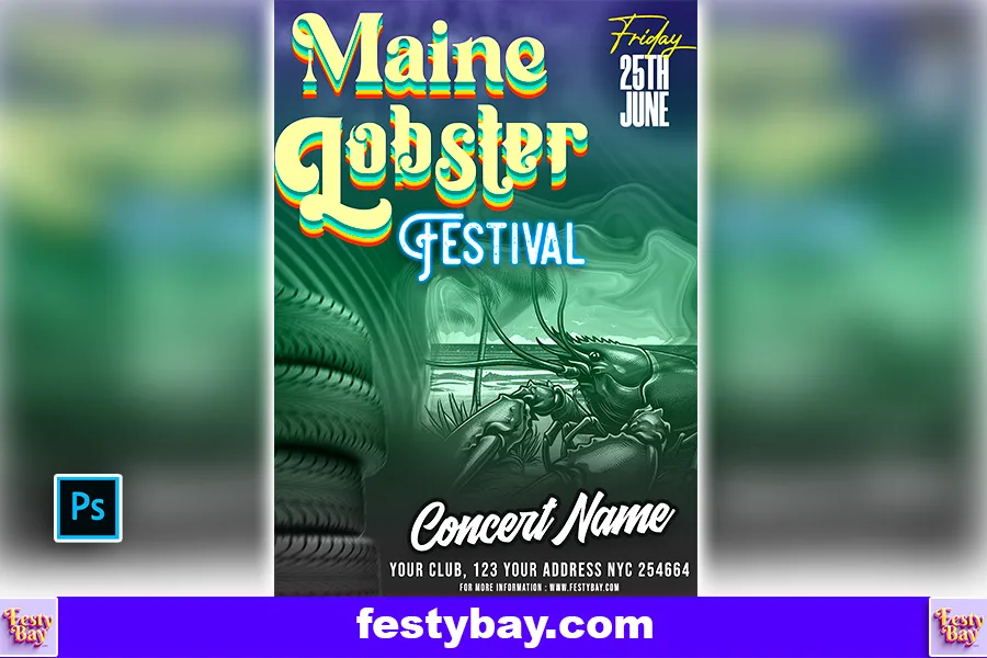 A green vintage background with a lobster in right. in the main section Maine Lobster festival written. Seems to be a poster design.