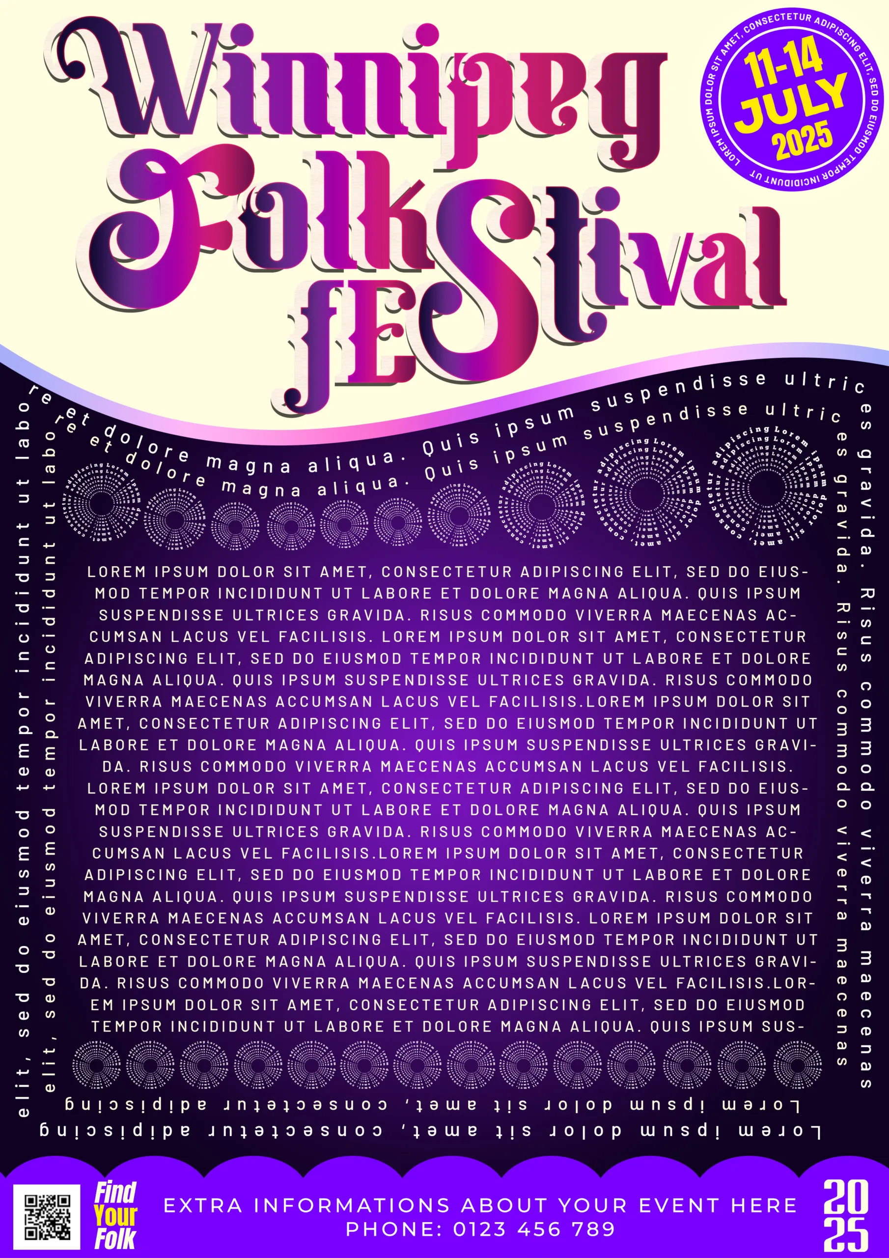 In violet paper text wrap in a creative way with heading of Free PSD poster Winnipeg folk festival 2025