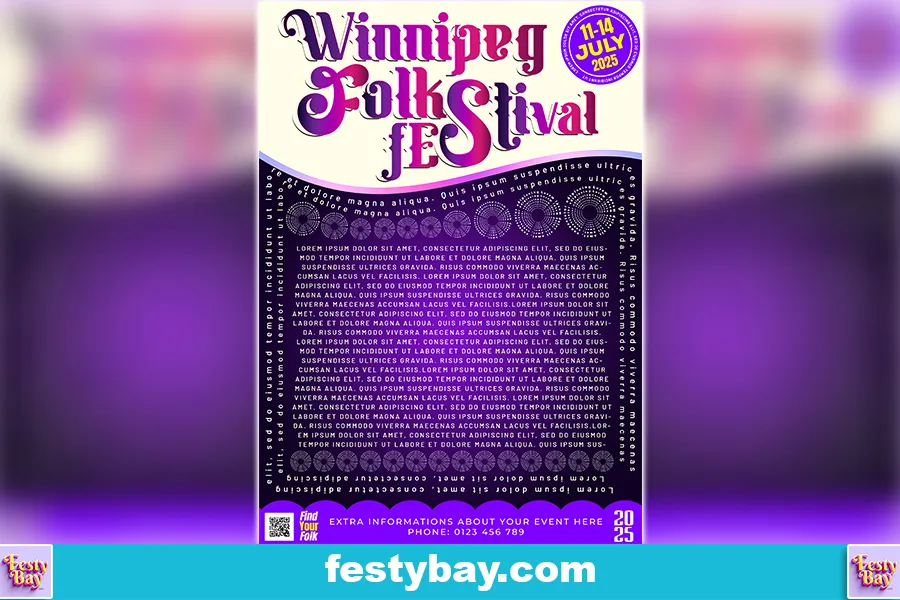 In a vibrant violet background Free PSD poster Winnipeg folk festival written on the top with date also given