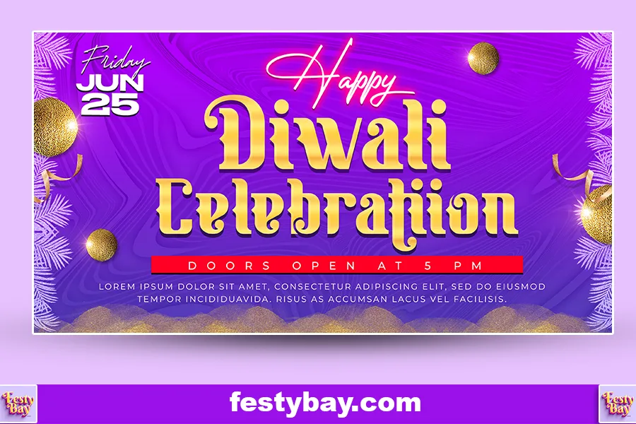 Diwali celebration written in golden color in a dark purple background. Seems to be a banner template design for Diwali 2024