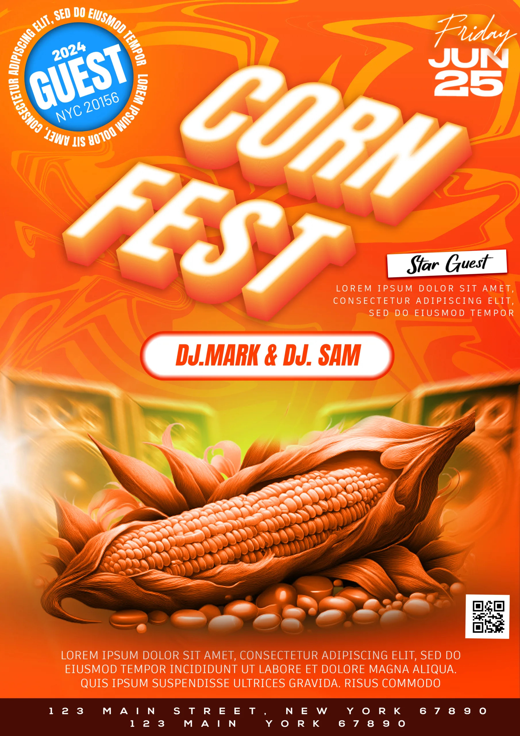 Eden Corn Fest 3D text effect glow and shadow, orange background with speakers and corn image design