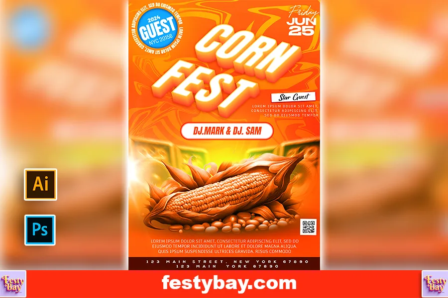 Orange background with 3D text effect Eden Corn Fest. corn image also placed in the bottom.