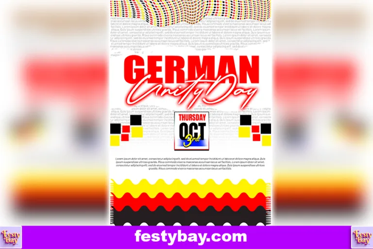 In white background red glowing heading German unity Day written. In the bottom a wave design for German flag