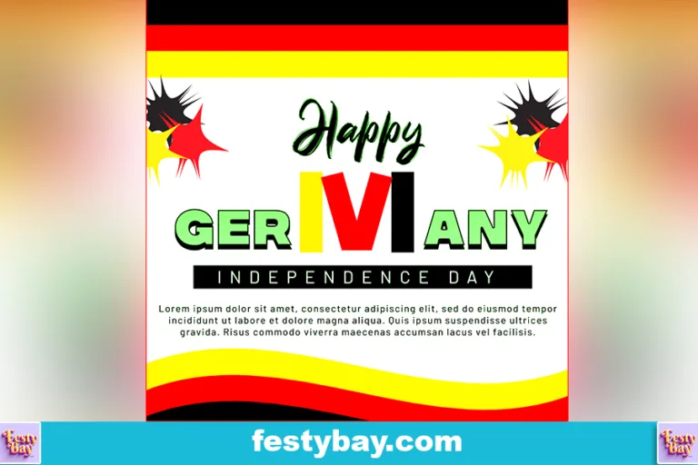 In a tri color theme red, yellow and black happy Germany independence day written in the middle