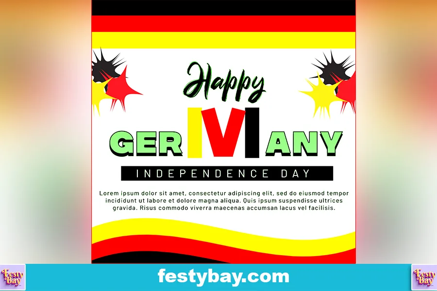 In a tri color theme red, yellow and black happy Germany independence day written in the middle