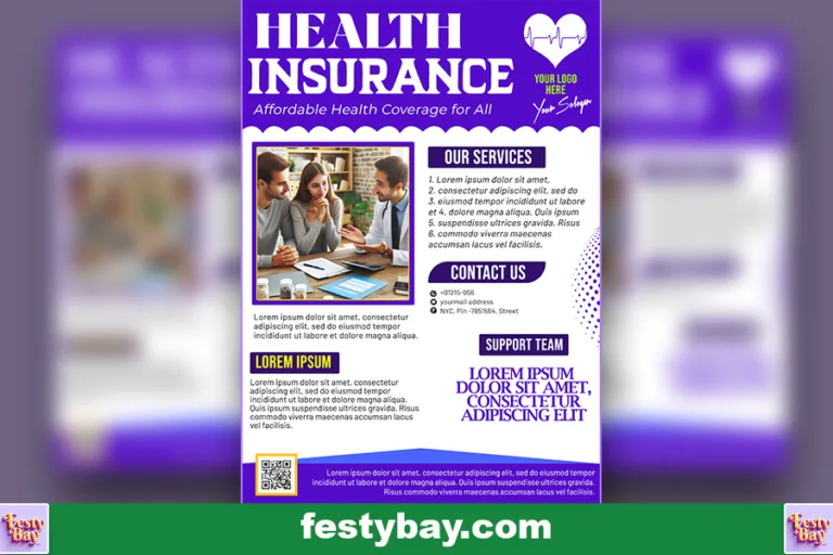 in a white and purple background Health Insurance Flyer Design