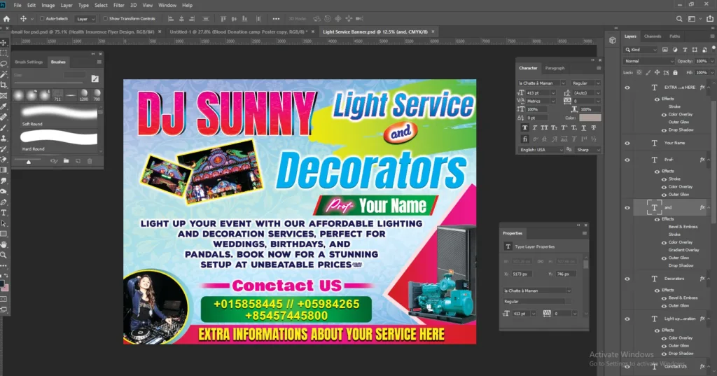 Free PSD Light Service Banner design, 7x6 ft, customizable template for promotions and events, high-resolution, fully editable in Photoshop