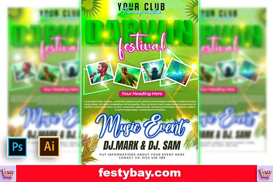 Green and white background DARWIN written on top in 3D style. Music event pointed in a creative font. Seems to be a PSD poster in left side Photoshop and illustrator logo given