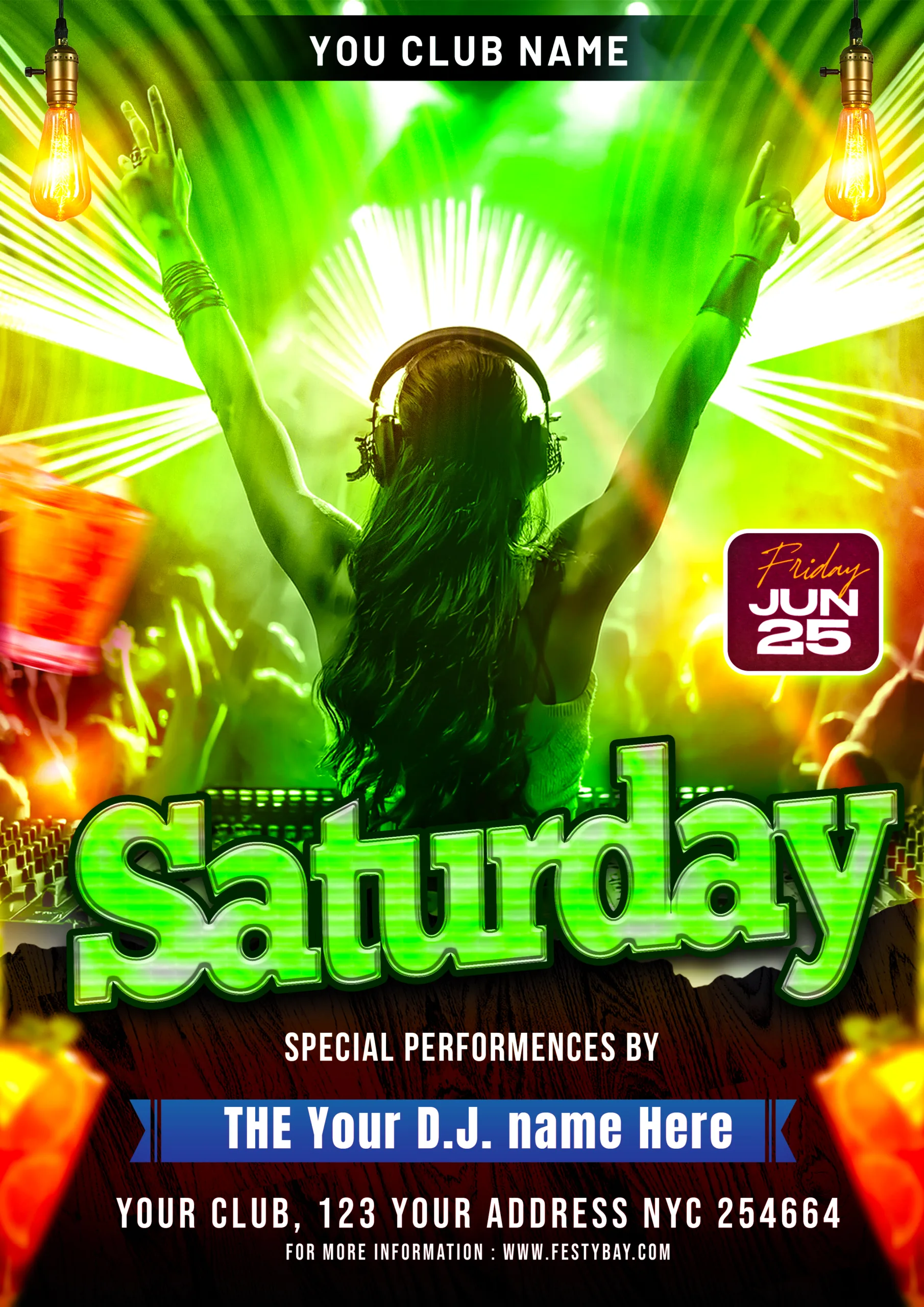 Green and smokey background with laser lights DJ show party vibe PSD poster music festival Saturday night in the middle written