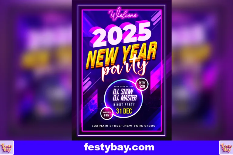 Dark vibrant Violet background 2025 new year Poster party written in the middle