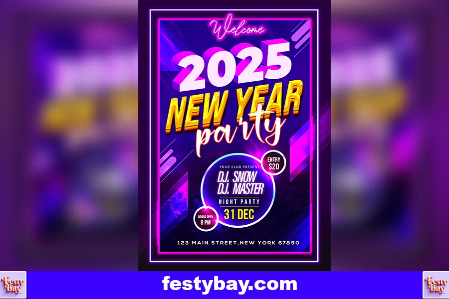 Dark vibrant Violet background 2025 new year Poster party written in the middle