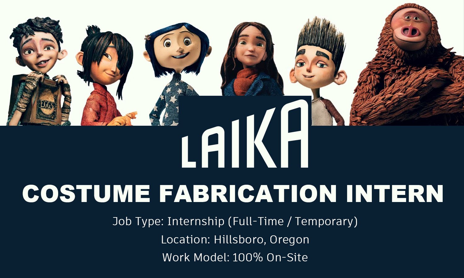 Costume Fabrication Intern 2026 at LAIKA Studios, Hillsboro