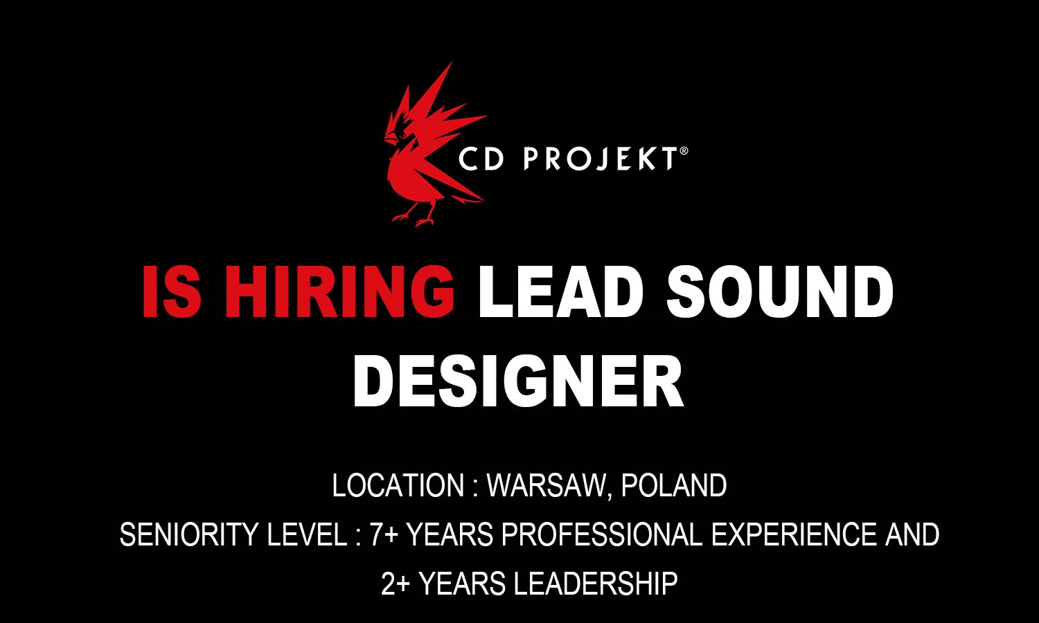 Hiring Lead Sound Designer at CD PROJEKT RED, Poland 2026