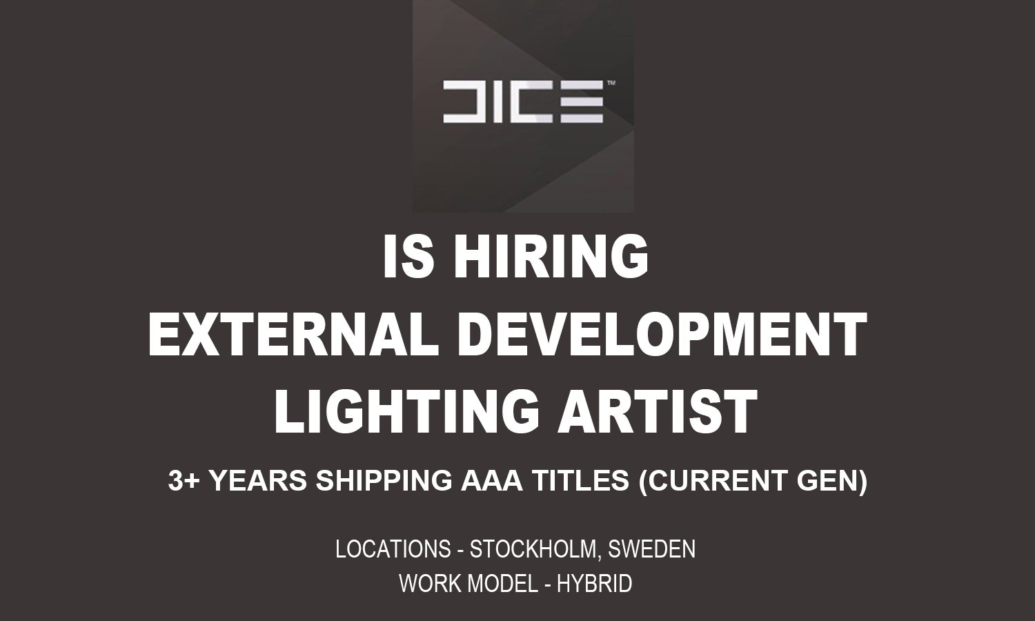 Hiring Lighting Artist at DICE, Stockholm, 2026 % festybay Hiring Lighting Artist at DICE, Stockholm, 2026