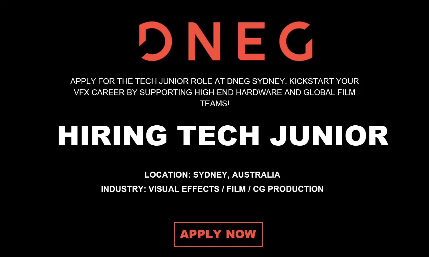 Hiring Tech Junior DNEG Sydney, 2026