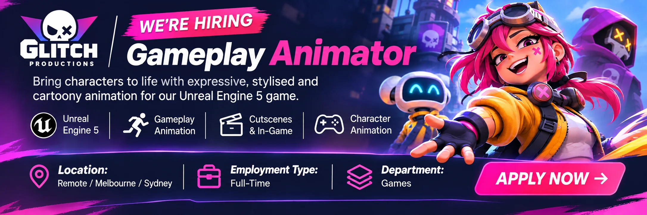 Glitch Productions Gameplay Animator Hiring Banner