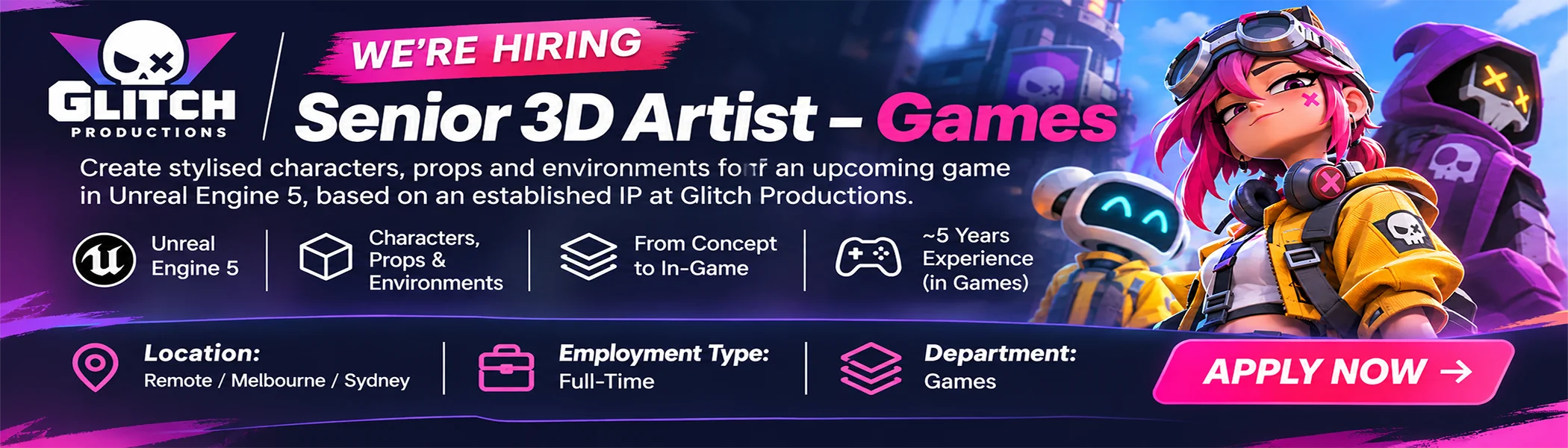 Glitch Productions Senior 3D Artist Hiring Banner
