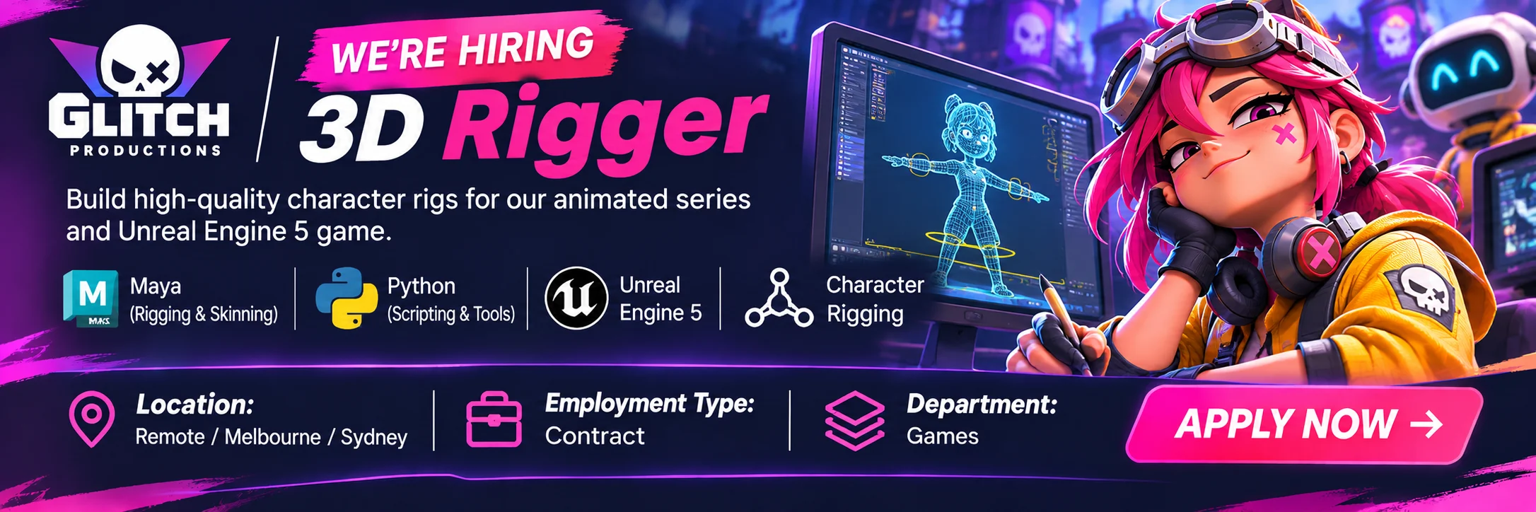 Glitch Productions hiring 3D Character Rigger – Animation & Games % festybay Neon 3D Rigger Hiring Banner